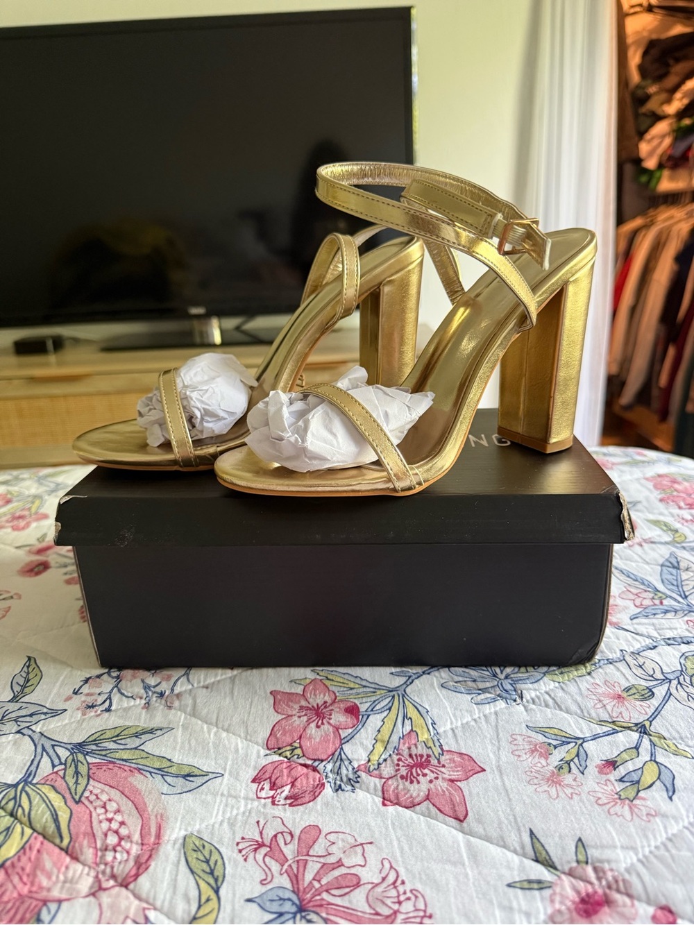 PrettyLittleThing Metallic Gold Block Heel Strappy Sandals